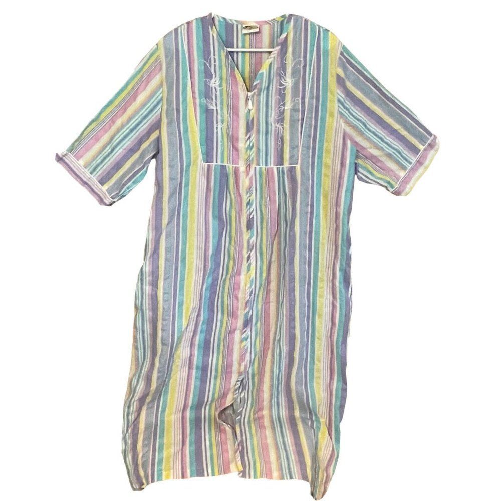 Vtg Collections Etc Lounge Gown Robe House Rainbow Striped Pockets Size L